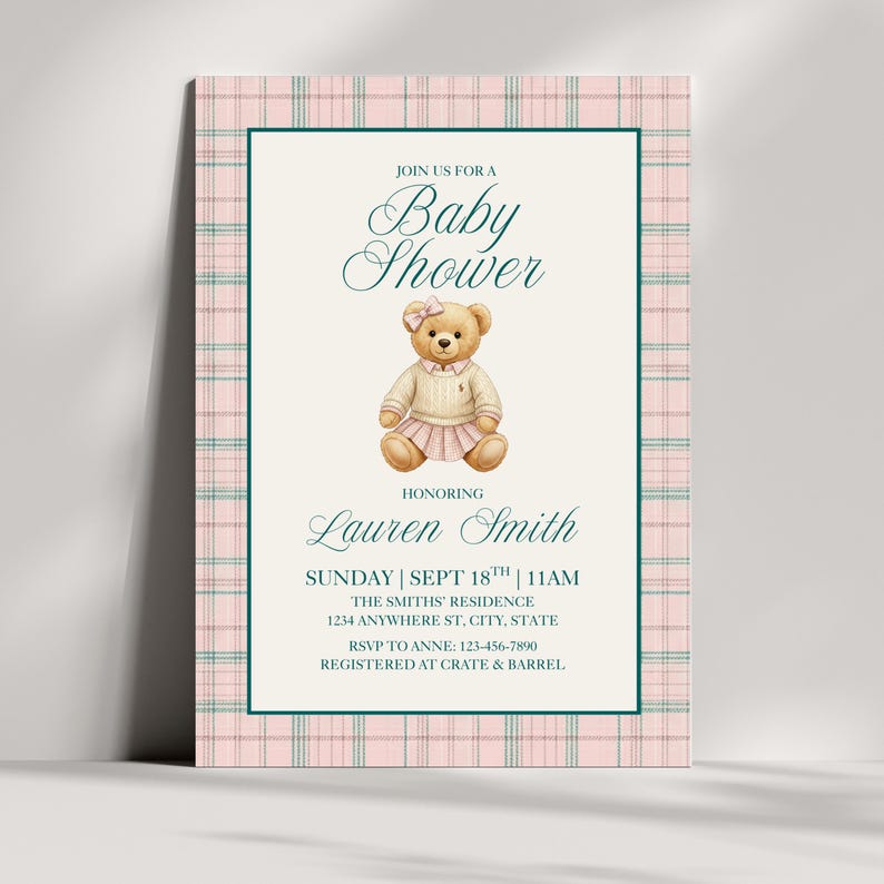 Polo Ralph Lauren Girl Baby Shower Invite: Pink and Green Plaid