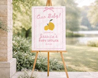Ciao Baby Shower Welcome Sign, Pink Lemon Theme, Italian Baby Girl Shower, Ciao Bambina, Editable Canva Template, Digital Download