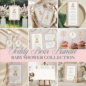 May include: A collection of baby shower decorations with a teddy bear theme. Includes invitations, menu cards, water bottle labels, cupcake toppers, and a welcome sign. The color scheme is pink and white plaid.
