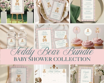 Pink Plaid Teddy Bear Baby Shower Bundle, Classic Polo Preppy Baby Shower Theme, Editable Canva Template, Girl Baby Shower Party Decor