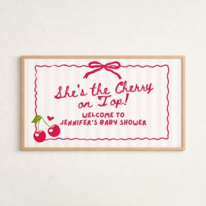 She's the Cherry on Top Baby Shower Welcome Sign, Red and Pink Cherry Theme Girl Baby Shower Welcome Sign, Editable Baby Shower Template image 8