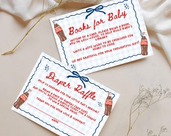 Sorteo de pañales y libros para baby shower "Ella está lista para estallar", tarjetas para bebé, tema de baby shower de refresco azul, plantilla de Canva para baby shower de cola