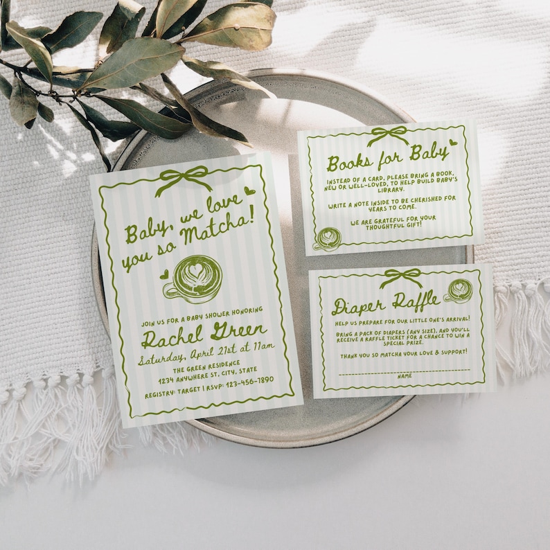May include: A set of baby shower invitations and inserts with a matcha theme. The main invitation reads "Baby, we love you so Matcha!" in green text. Additional cards include "Books for Baby" and "Diaper Raffle."