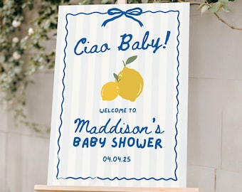 Ciao Baby Shower Welcome Sign, Italian Baby Shower Theme, Baby Shower Decor, Editable Canva Template, Italy Lemon Theme, Instant Download