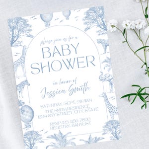 Blue Safari Baby Boy Shower Invite, Toile de Jouy Safari Baby Shower Invitation, Dusty Blue Chinoiserie Shower, Editable Canva Template