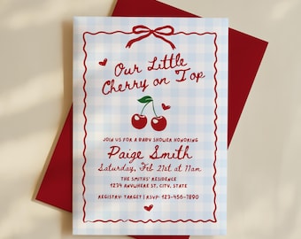 Our Little Cherry on Top Baby Shower Invitation, Cherry Blue Gingham Boy Baby Shower Invitation, Editable Baby Shower Invite Canva Template