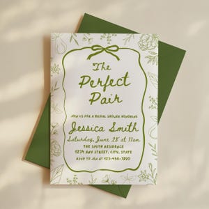 La paire parfaite d'invitations nuptiales de douche, un modèle d'invitation modifiable parfait de poire, invitation nuptiale de douche verte, thème de douche nuptiale de poire