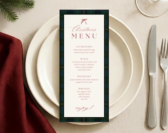 Christmas Dinner Menu Template, Plaid Tartan Holiday Party Menu Sign, Classic Christmas Bow Theme, Printable Menu Card | Digital Download