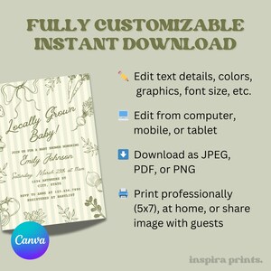 May include: A baby shower invitation with a green and white striped background and vegetable illustrations. The invitation reads "Locally Grown Baby!" and includes details for Emily Johnson's shower. The image also includes text about customization and download options.