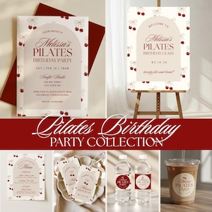 May include: A collection of Pilates birthday party supplies. Includes invitations, a welcome sign, menu, gift tags, water bottles, and a coffee cup. The design features a cherry motif and the text "Melissa's Pilates Birthday Party".