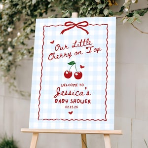 Our Little Cherry on Top Baby Shower Welcome Sign, Red and Blue Gingham Cherry Theme Boy Baby Shower Welcome Sign, Editable Canva Template