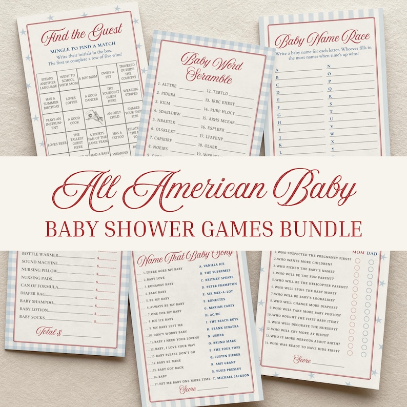 May include: A bundle of baby shower games with a vintage aesthetic. The games include "Find the Guest," "Baby Word Scramble," and "Baby Name Race." Each game card has a blue and white checkered border and red text. The bundle is titled "All American Baby."