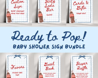 Zestaw znaków na stół na baby shower „She's Ready to Pop”, motyw na baby shower dla chłopca, dekoracje na imprezę w niebieską kratkę gingham, edytowalny szablon Canva