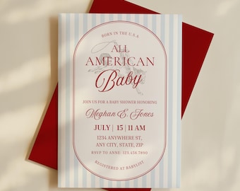 All American Baby Shower Invite, Patriotic Fourth of July Theme, Vintage Americana, Red White and Due, Editable Template, Digital Download