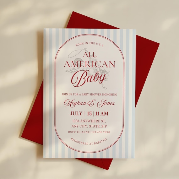 All American Baby Shower Invite, Patriotic Fourth of July Theme, Vintage Americana, Red White and Due, Editable Template, Digital Download