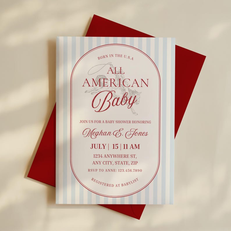 All-American Baby Shower Invite, Fourth of July Theme, Red White and Due, Editable Canva Template, Digital Download