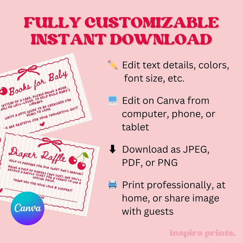 May include: Pink digital download featuring baby shower raffle and book request cards. The cards have red accents and text. The image also includes instructions for editing, downloading, and printing the cards. The Canva logo is visible.