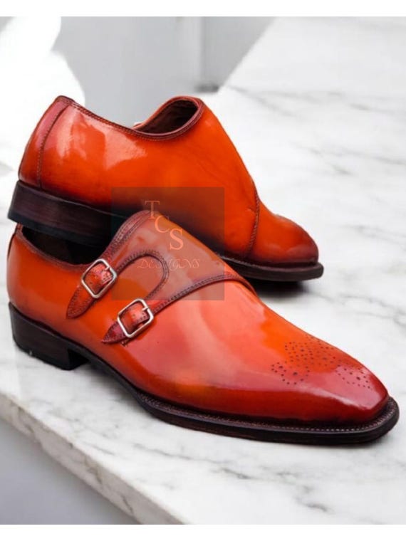 dress shoes with orange soles New Handmade Genuine Orange Tan Leather Double Monk Strap Dress Formal  Party Shoes