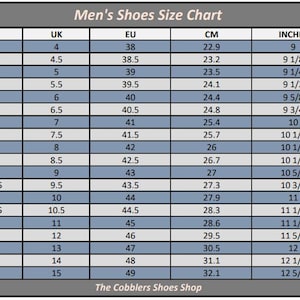 May include: A shoe size conversion chart for men, displaying US, UK, EU, and CM sizes, along with inches. The chart includes sizes from US 5 (9 inches) to US 16 (12 5/8 inches). The Cobblers Shoes Shop is at the bottom.