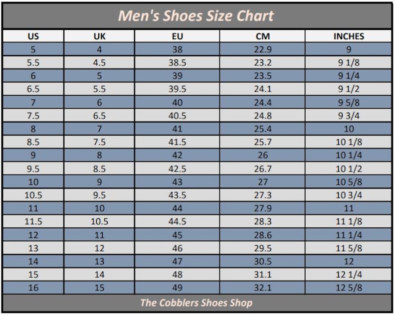 May include: A shoe size conversion chart for men, displaying US, UK, EU, and CM sizes, along with inches. The chart includes sizes from US 5 (9 inches) to US 16 (12 5/8 inches). The Cobblers Shoes Shop is at the bottom.