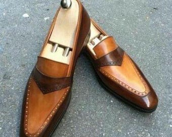 New Handcrafted Two-Tone Brown Leather Oxford Loafers Partywear Dress Shoes