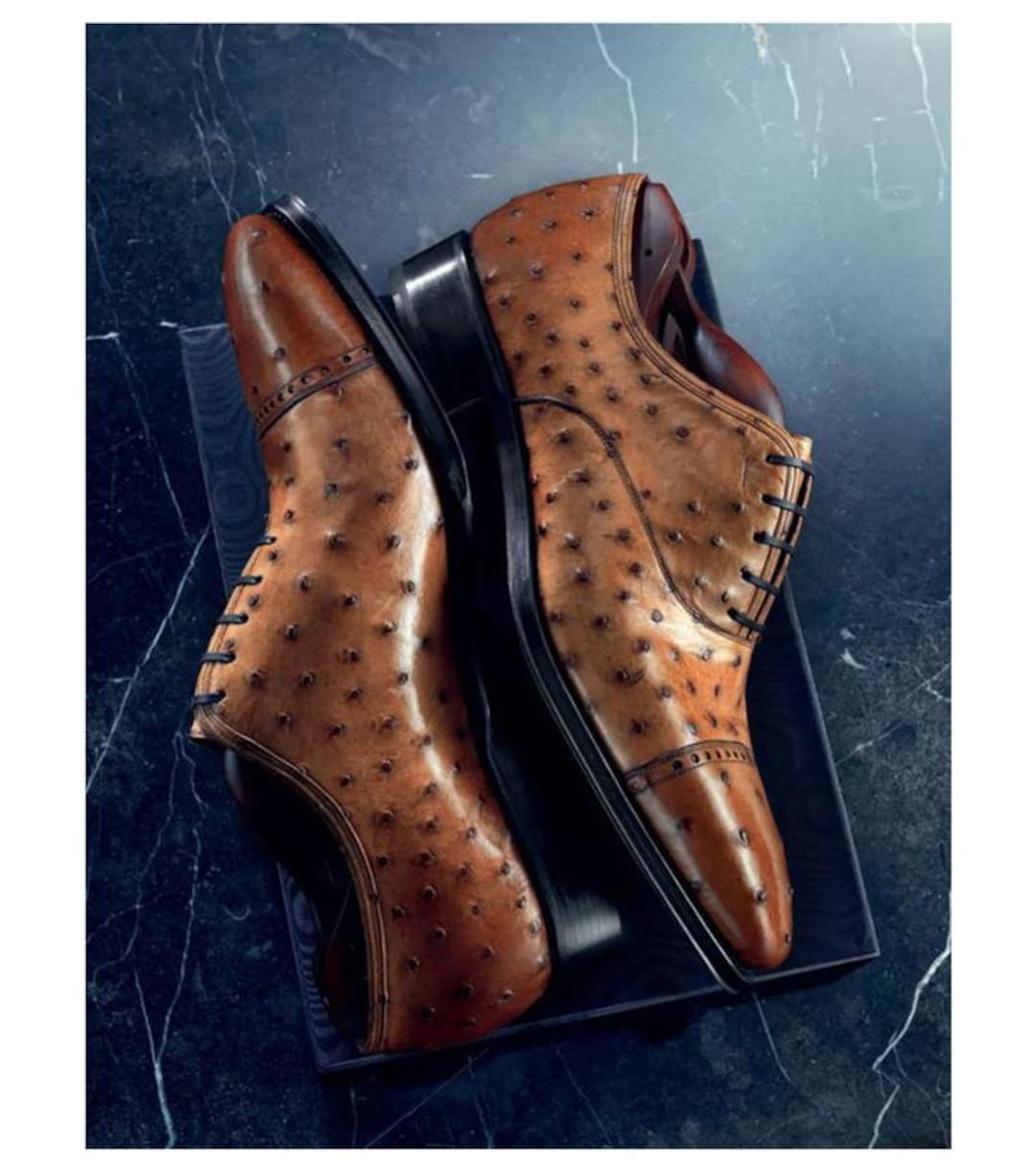 Buy New Handmade Tan Ostrich Print Leather Lace up Oxford  display picture 3