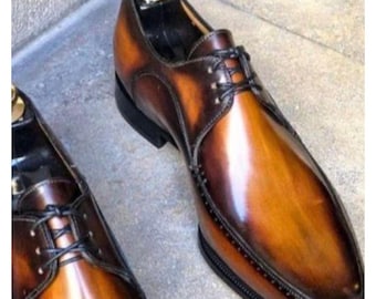 Bespoke Men's Handmade Brown Leather Derby Lace up Dress Formal Shoes