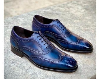 Men's Handmade Blue Leather Oxford Wingtip Lace up Brogue Dress Shoes