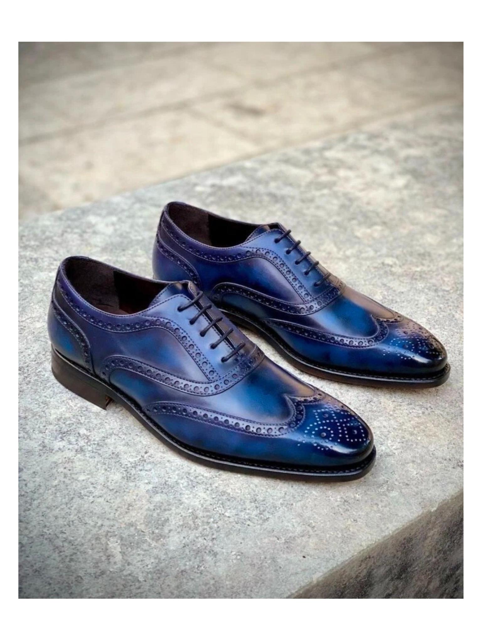 FSJ Blue Men\'s Plain Toe Oxford Dress Shoes Stylish Lace-up Wingtip Brogues Shoe Amazon.com | Mens Oxford Stylish Brogue Tricolor Wingtip  main image 4