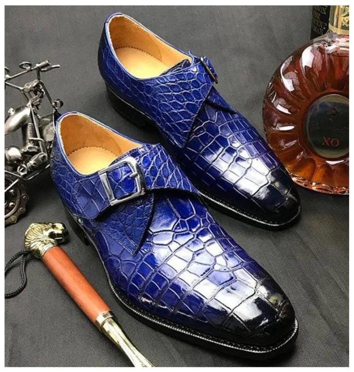 Blue leather croc print single monk strap slip on shoe. 
Made in Italy. Duca Vergato Men main image 3