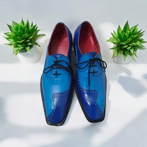 Buy Handmade Two-Tone Blue Leather Oxford Wingtip Lace up Dress Shoes