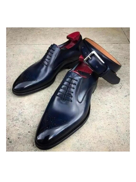 Buy New Handmade Navy Blue Leather Oxford Brogue Shoes Lace Up Dress Shoes