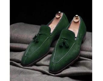 New Handmade Green Suede Loafer Moccasin Dress Party Shoes
