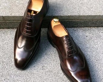 Zapatos de vestir formales Oxford de cuero marrón oscuro con cordones y punta de ala para hombre, hechos a mano, nuevos