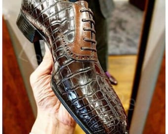 Buy Handmade Brown Crocodile Print Leather Oxford Lace up Dress Shoes