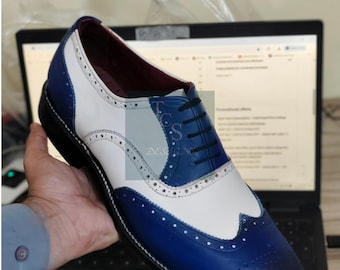 Buy Handmade Blue & White Leather Oxford Wingtip Brogue Lace up Dress Shoes
