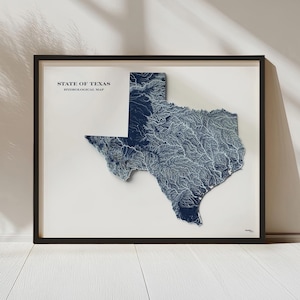 May include: Framed hydrological map of Texas. The map is a detailed, three-dimensional representation of the state, with a dark blue color scheme and white river patterns. The text "STATE OF TEXAS HYDROLOGICAL MAP" is printed at the top. The frame is black.