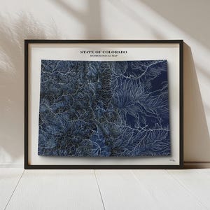 May include: Framed hydrological map of Colorado in a dark blue and white color scheme. The map is labeled "STATE OF COLORADO HYDROLOGICAL MAP" and is encased in a black frame. The map shows the state's waterways.