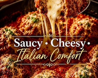 Mozzarella Stuffed Meatballs Recipe Card Printable PDF Comfort Food Dinner