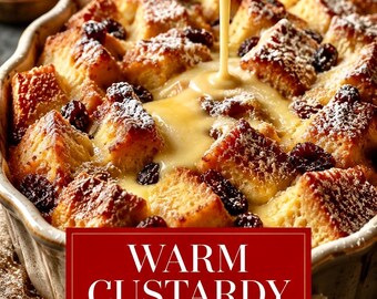 Classic Bread Pudding Recipe Card PDF with Vanilla Custard Sauce