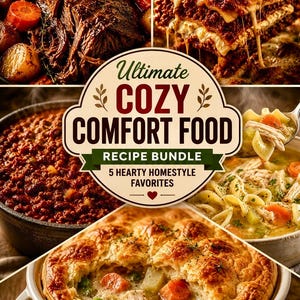 May include: A collage of five hearty comfort food dishes. Includes pot roast with carrots and potatoes, lasagna, chili, chicken noodle soup, and a chicken pot pie. The image has text that reads "Ultimate Cozy Comfort Food Recipe Bundle 5 Hearty Homestyle Favorites."