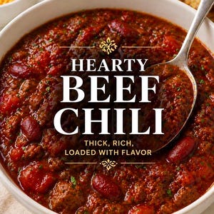 Puede incluir: Primer plano de un cuenco blanco lleno de chili con carne. El chili es de color rojo intenso, con trozos visibles de carne de res, tomates y frijoles rojos. El texto de la imagen dice "Hearty Beef Chili, Thick, Rich, Loaded with Flavor."
