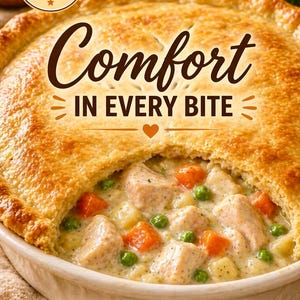 May include: A close-up of a chicken pot pie in a white ceramic dish. The pie has a golden-brown crust with the words "Comfort in Every Bite" and "Chicken Pot Pie" printed on the image. The filling includes chicken, carrots, and peas.