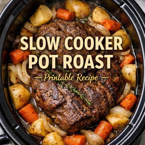 May include: A slow cooker pot roast with potatoes, carrots, and onions. The text on the image reads "SLOW COOKER POT ROAST - Printable Recipe". The roast is a rich brown color, surrounded by golden-brown vegetables in a black slow cooker.