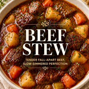 Könnte beinhalten: Nahaufnahme einer Schüssel mit Rindfleisch-Eintopf. Der Eintopf enthält Rindfleischstücke, Kartoffeln und Karotten in einer reichhaltigen, dunklen Brühe. Der Text "BEEF STEW" ist prominent dargestellt, mit zusätzlichem Text darunter.