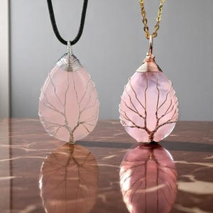 Rose Quartz Tree of Life Pendant Necklace – Wire Wrapped Pink Crystal Teardrop, Heart Chakra Love Stone, Healing Gift, Boho Jewelry for her