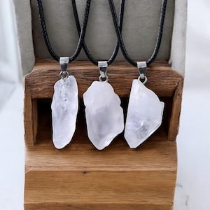 Raw Rock Crystal (Clear Quartz) Pendant – Rough Crystal Necklace, Silver Tone Bail, Natural Gemstone Charm, Boho Style Jewelry, Gift for Her