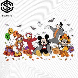 Halloween Mouses And Friend Png, Retro Halloween Cartoon Png, Spooky Season Png, Trick Or Treat Png, Spooky Halloween Png Design