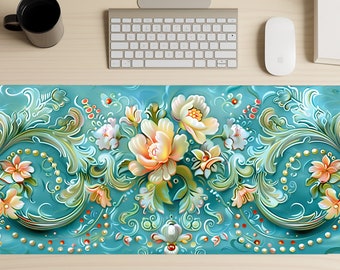 Pearls & Roses Gaming Mouse Pad, Floral Mousepad, Vintage Print Extended Deskmat, Computer Desk Mat, Extra Large Deskpad, Teal Table Cover