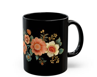 Floral Coffee Mug – Palekh Style, Russian Folklore Black Tea Cup
